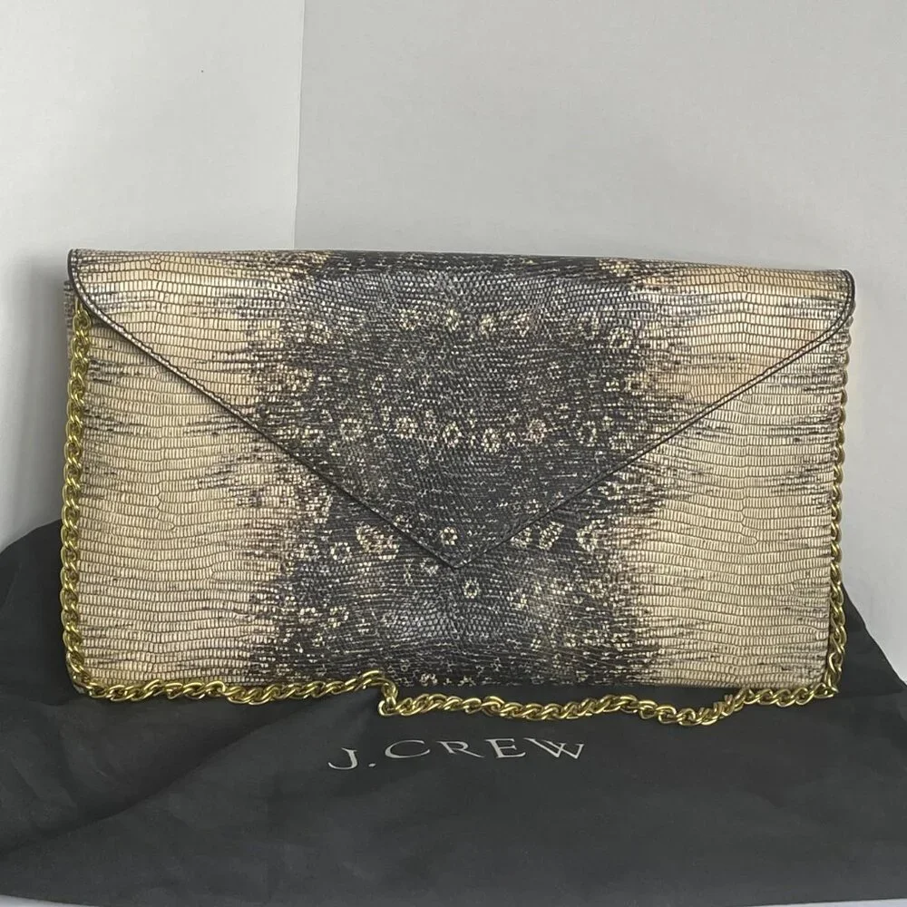 J.Crew Envelope Clutch Shoulder Bag Black Animal Print Chain